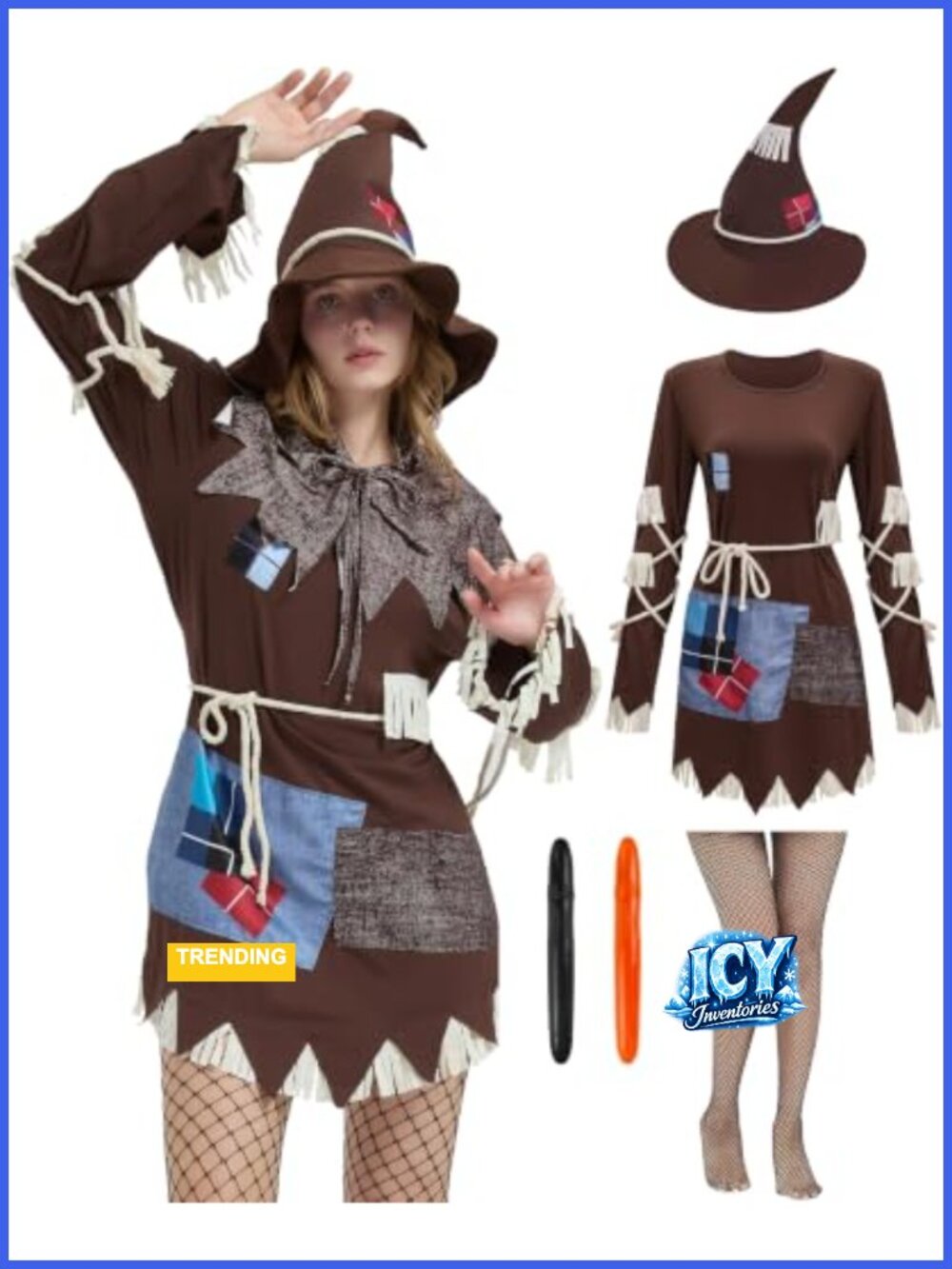 Women's Scarecrow Costume Set with Hat, Dress, Stockings & Face Paint -